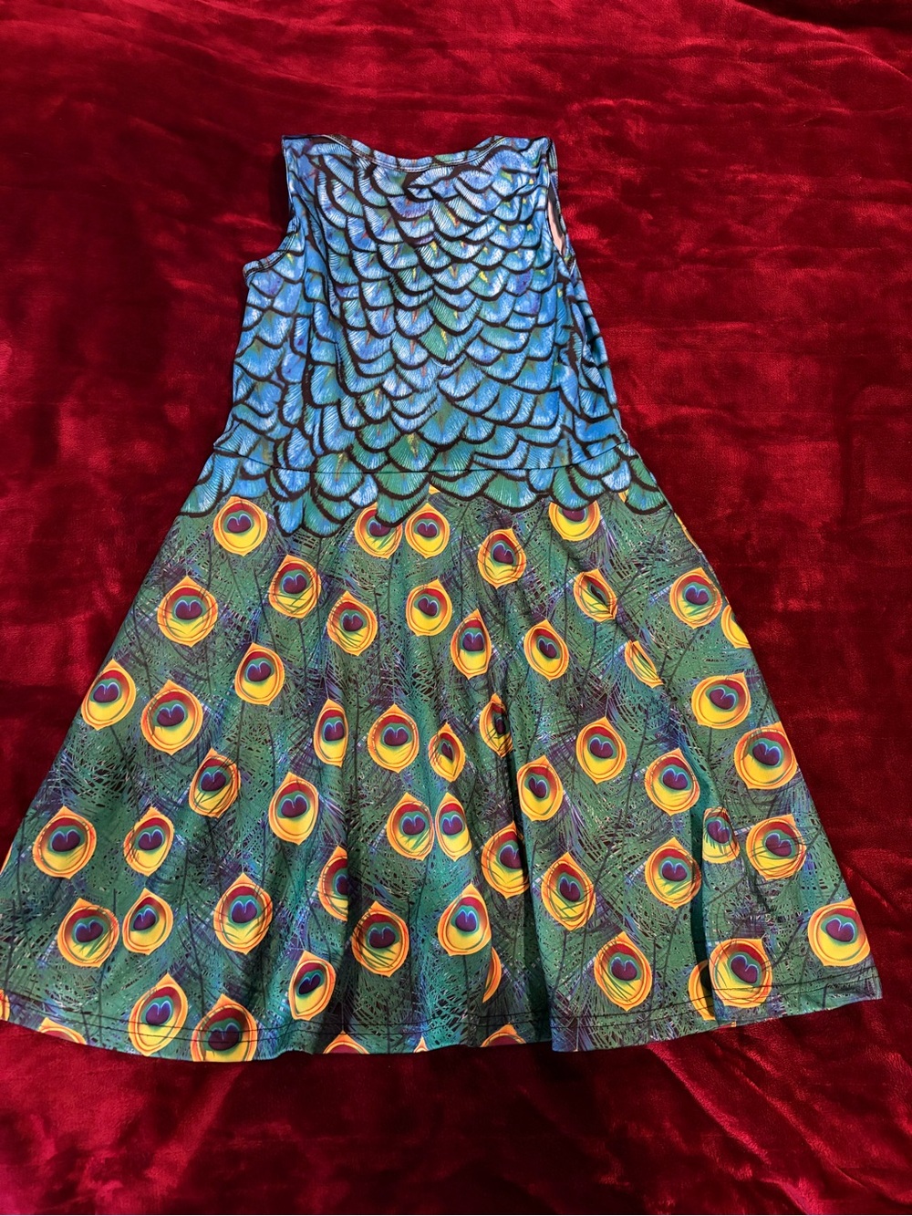Girls Peacock Print Sleeveless Dress/Costume- Blue & Green - Picture 2 of 3